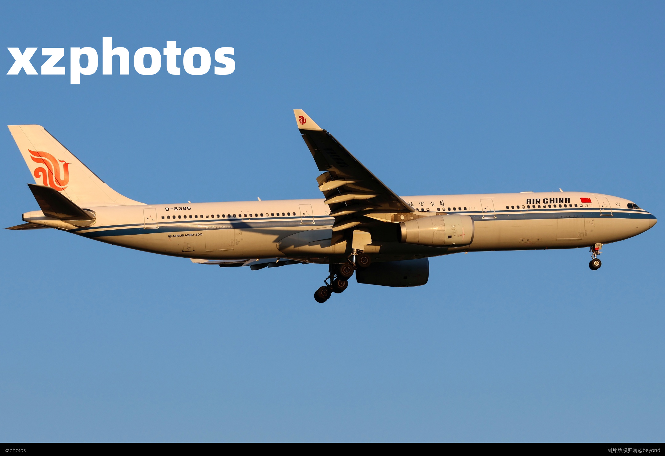 中国国际航空公司A330-300迎着黄金光降落在北京首都国际机场36R跑道